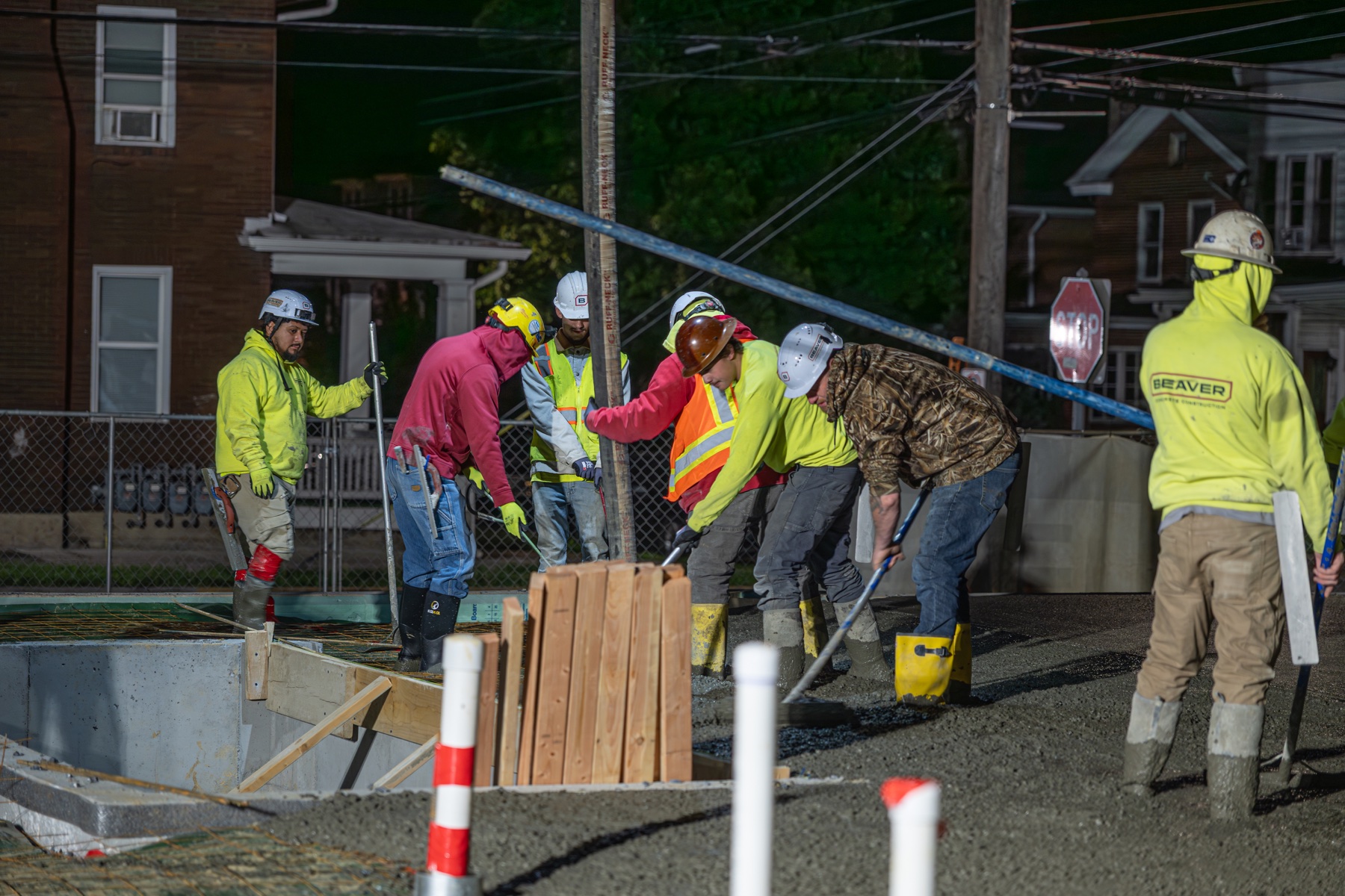 Concrete crew working during the Woodward Lofts slab pour