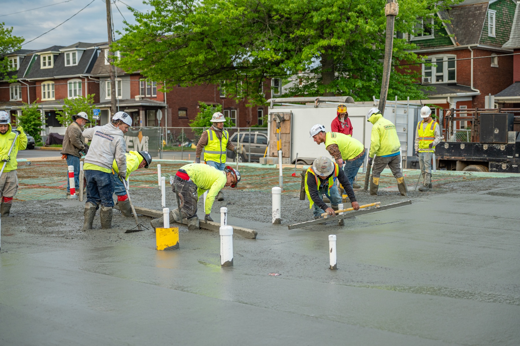 Crew finishing the Woodward Lofts concrete slab