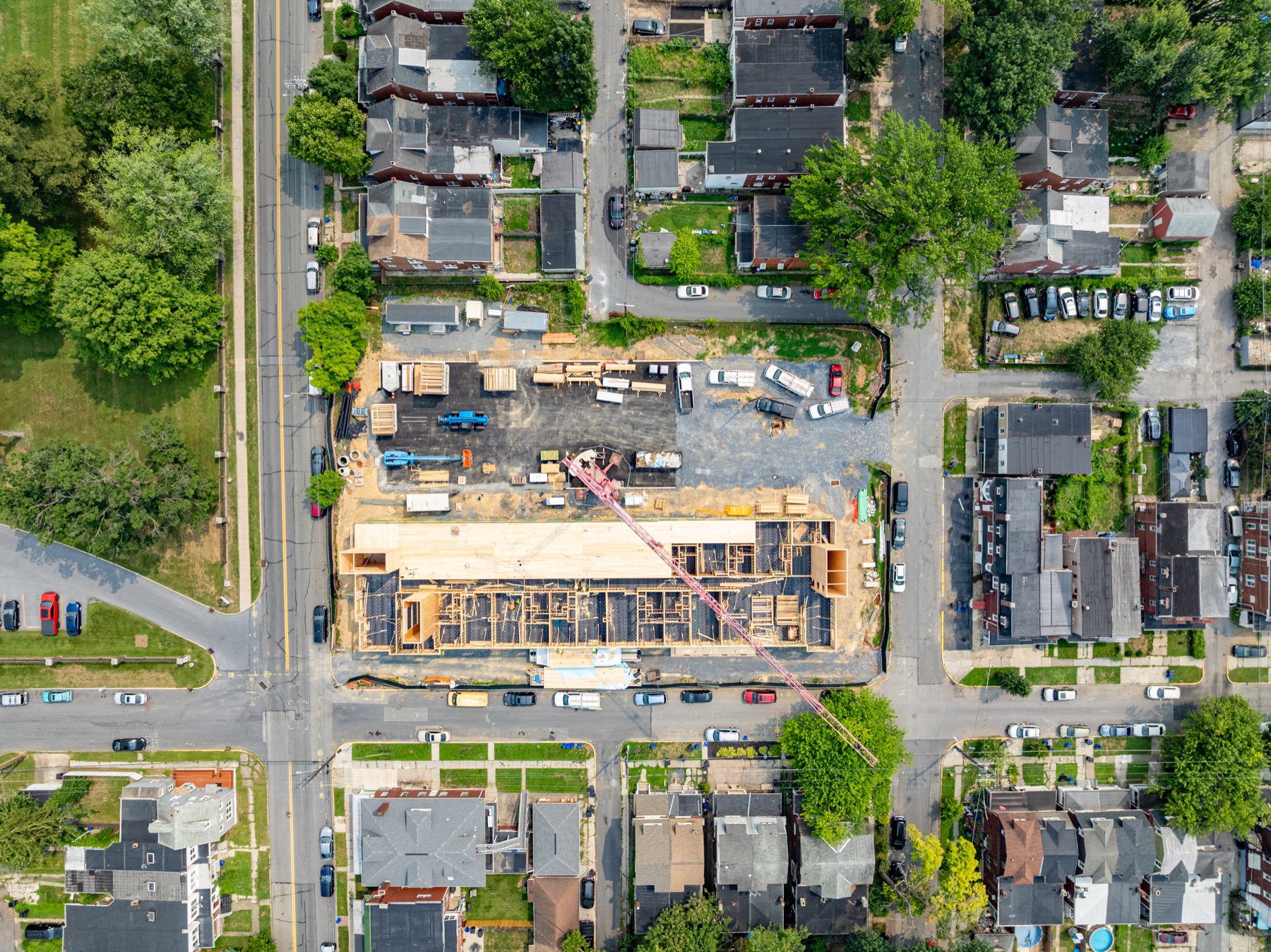 Top-down aerial of Woodward Lofts during vertical construction