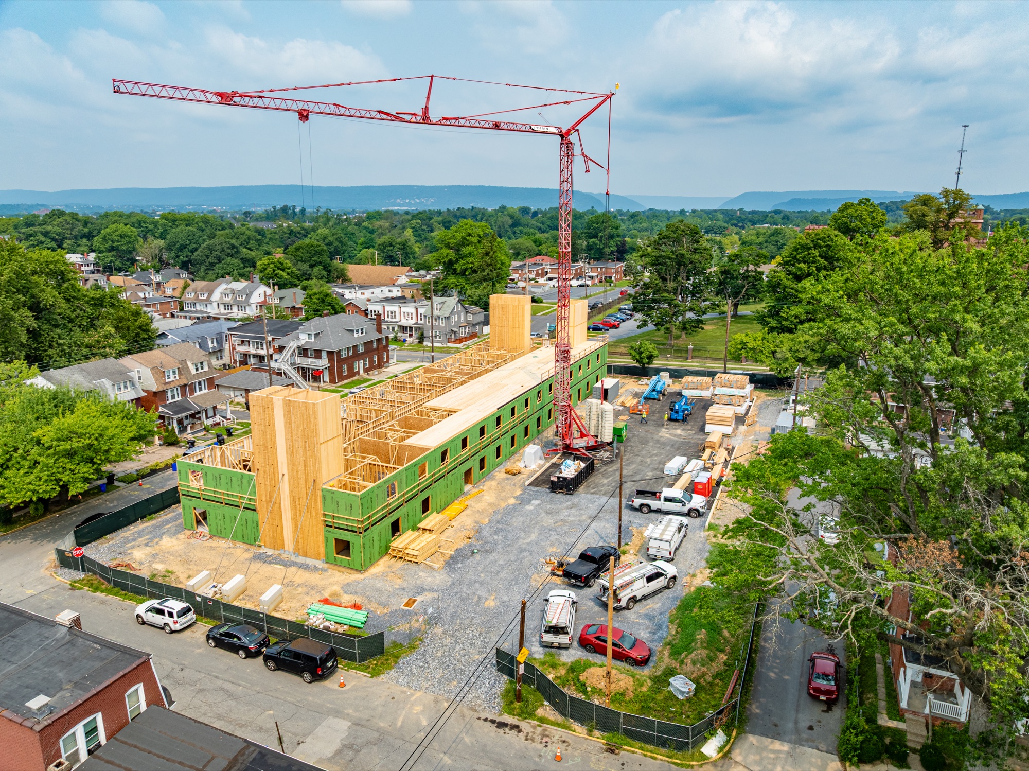 Oblique aerial view of the Woodward Lofts timber structure
