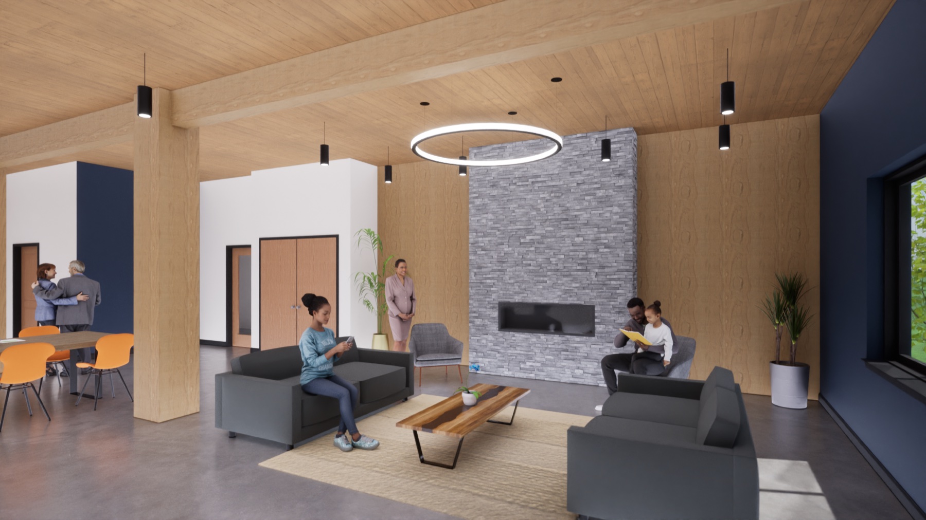 Architectural rendering of the Woodward Lofts community room
