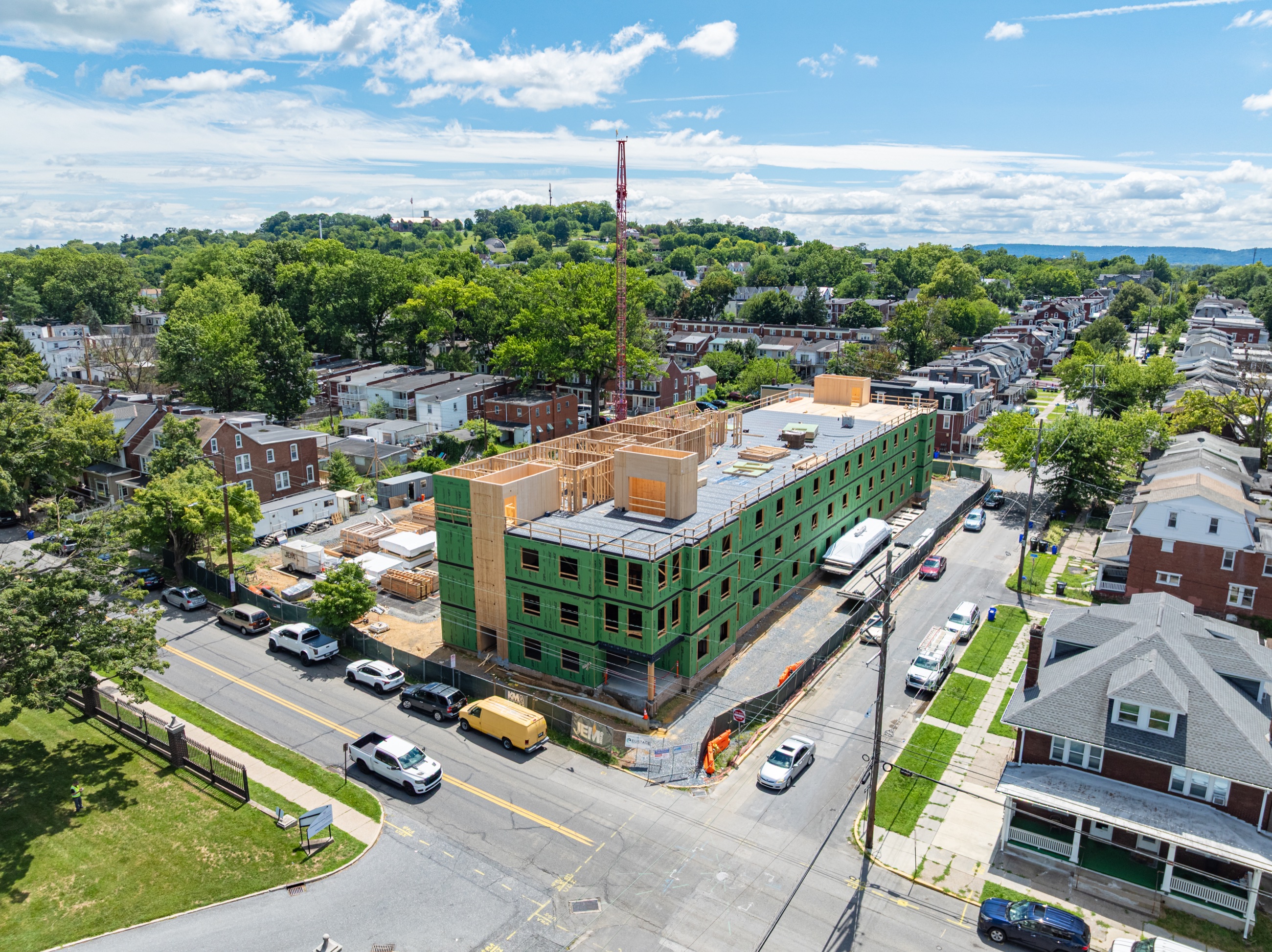 Aerial view of Woodward Lofts under construction in Harrisburg